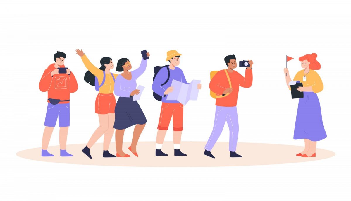 Female-guide-with-group-of-tourists-flat-vector-illustration